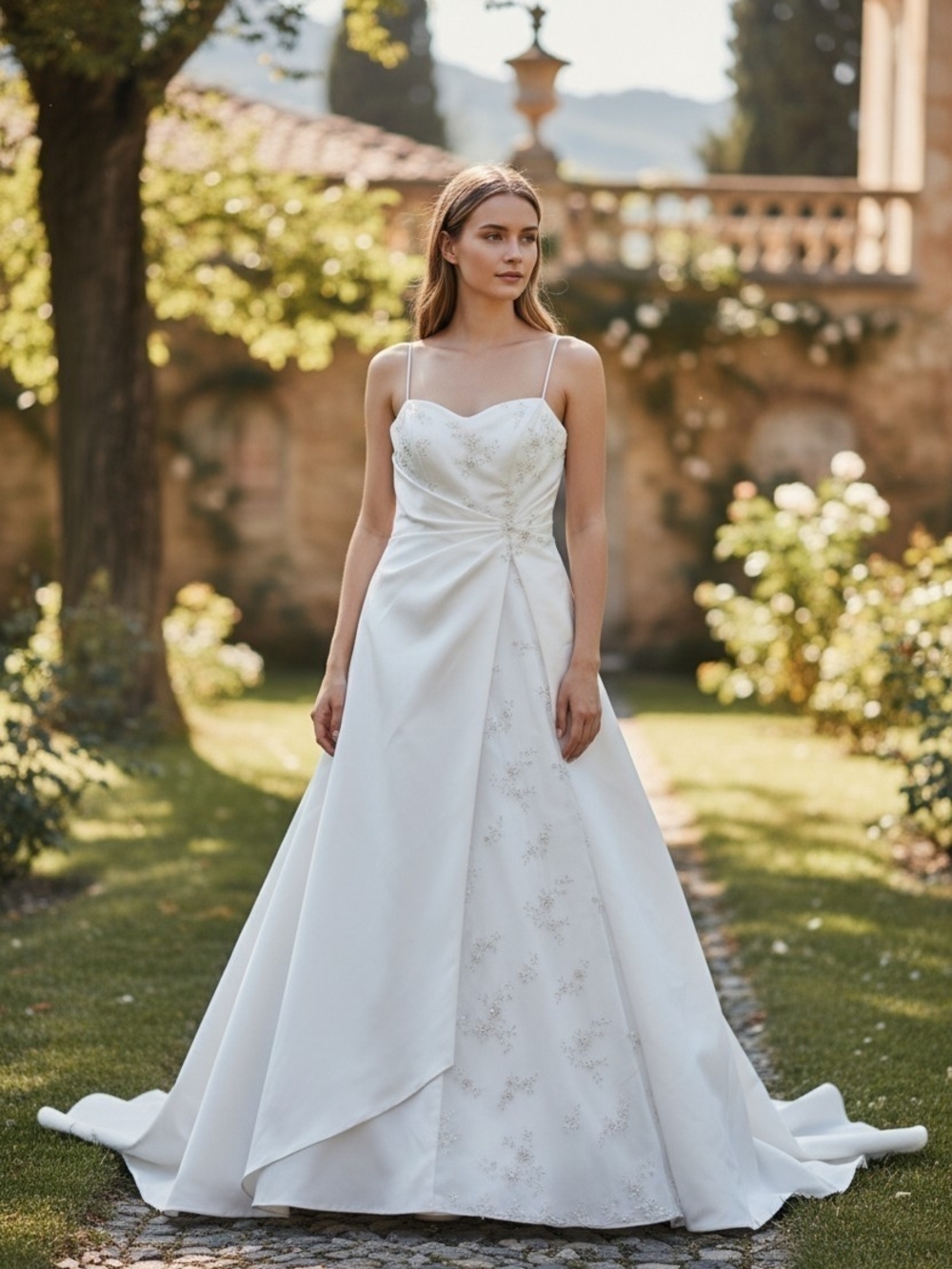 DaVinci White Spaghetti-Strap A-Line Wedding Dress
